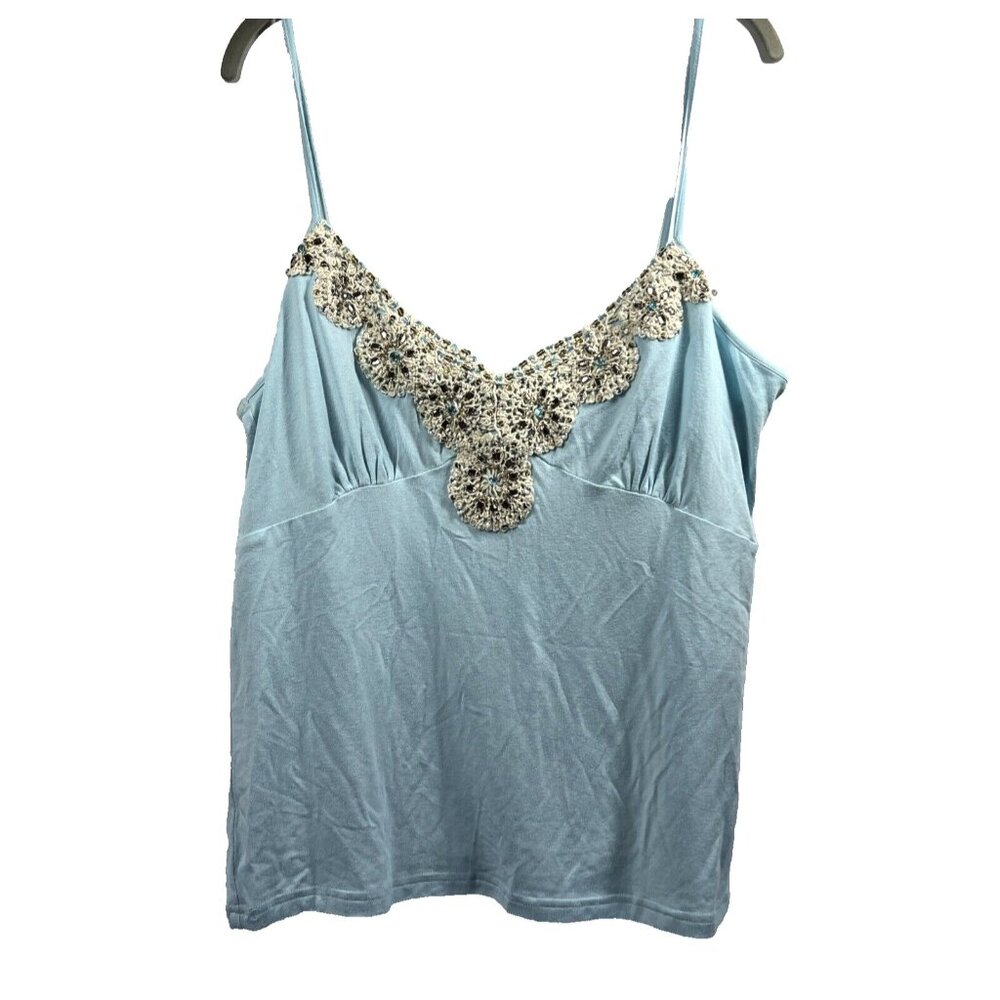 Together Women's Top Camisole Tank L Babydoll Beaded Solid Blue Adjustable Strap